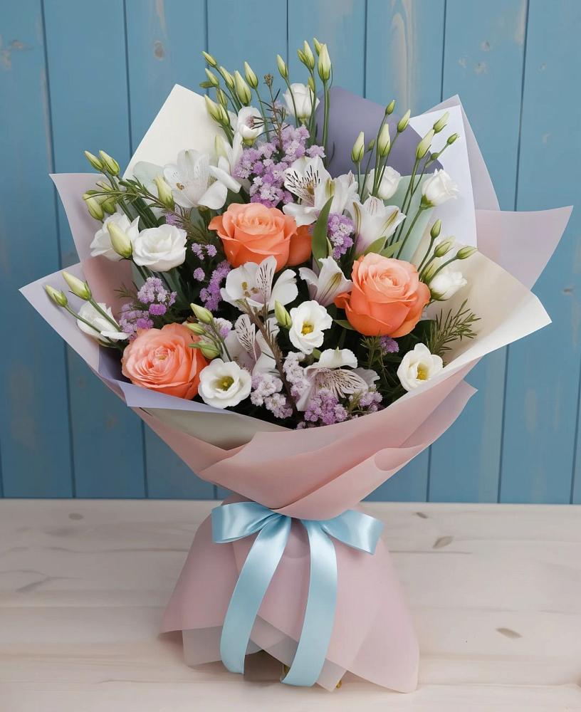 Букет цветов из: Лизиантусы, Розы, Альстромерии и Гипсофила в Нижнедевицке