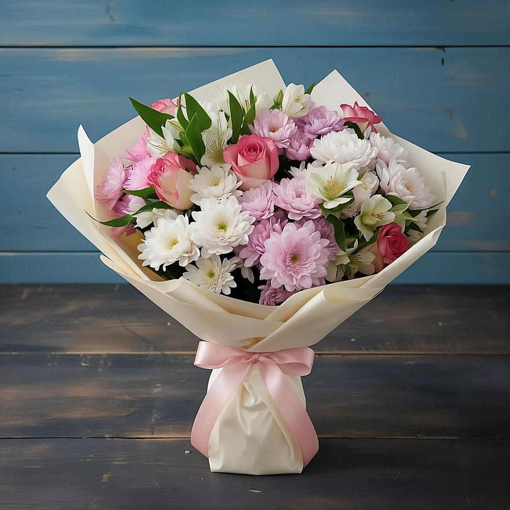 Букет цветов из: Хризантемы, Альстромерии и Розы в Нижнедевицке